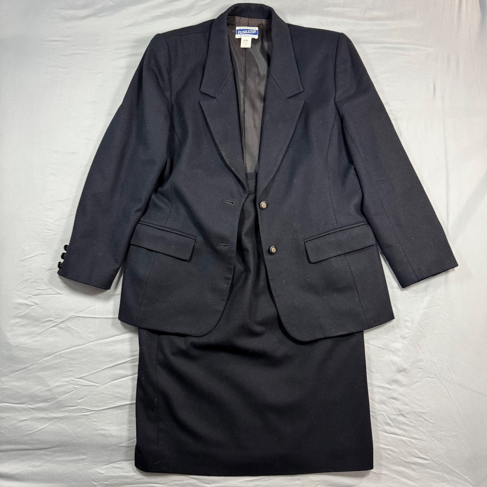 VTG Pendleton Classic Black Virgin Wool Skirt Suit Set Sz 12 Academia Career